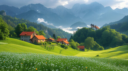 Landscape showcases a serene blend of lush greenery, blooming flowers, traditional buildings, and majestic mountains enveloped in mist.
