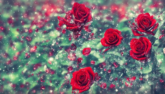 Let your imagination run wild with a Red Rose, captured in a close up shot, surrounded by a mysterious fog, adorned with shimmering water droplets, and bathed in a soft and alluring light.