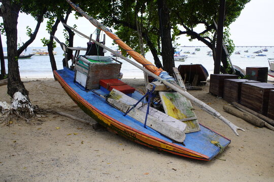 A jangada is a traditional fishing boat (in fact a sailing raft) made of wood used in the northern region of Brazil. Fortaleza - Cear&aacute;, Brazil.