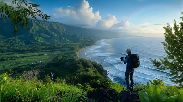 A hiker with camera on cliff taking picture sea landscape. Seamless looping time-lapse 4k video animation background