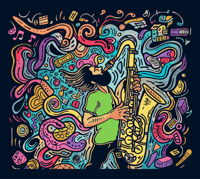 Stylized image of a saxophonist enveloped  capturing the essence of jazz and urban music culture, ideal for modern musical themes and designs.