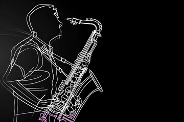 Obraz premium Stylized image of a saxophonist enveloped in neon light, capturing the essence of jazz and urban music culture, ideal for modern musical themes and designs.