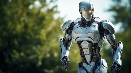 Naklejka premium A steel-colored humanoid robot with artificial intelligence walks down the street and looks at the camera with green trees in the background