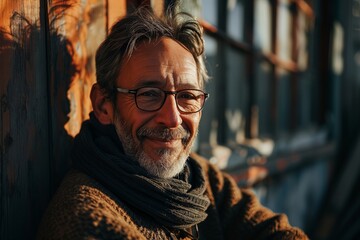Fototapeta premium Portrait of a mature man with glasses and a knitted scarf smiling and looking at camera