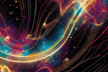 Abstract Music Waves with Colorful Notes and Light Streaks – Dynamic and Vibrant Design