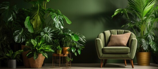 A tropical plant with green leaves sits beside a comfortable armchair in a well-lit room. The chair is positioned facing the window, while the vibrant plant adds a touch of nature to the indoor space.