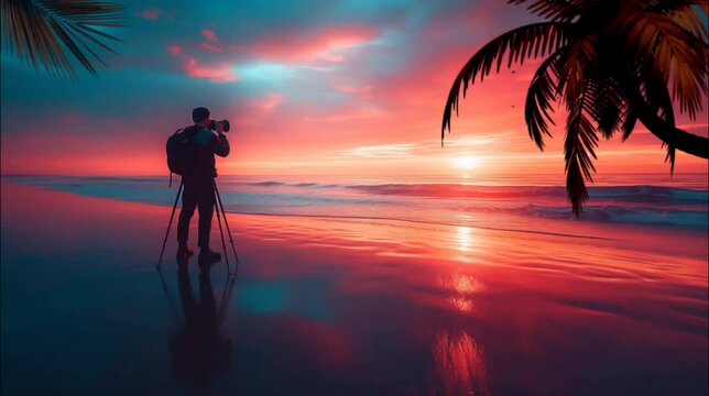 silhouette of a photographer on the beach taking picture. Seamless looping time-lapse 4k video animation background