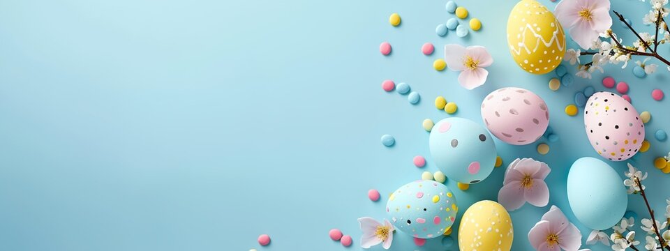 a blue background with pastel colored eggs and flowers on it
