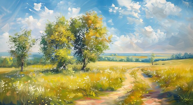 a painting of a path through a field with trees