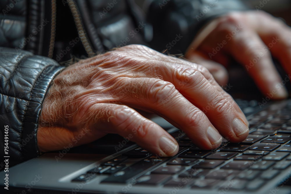 Poster a close-up of hands typing on a sleek laptop keyboard, symbolizing productivity and efficiency in th