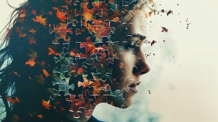The head of a woman broken into several puzzle pieces. Mental illness, disarray in awareness, and sense of self