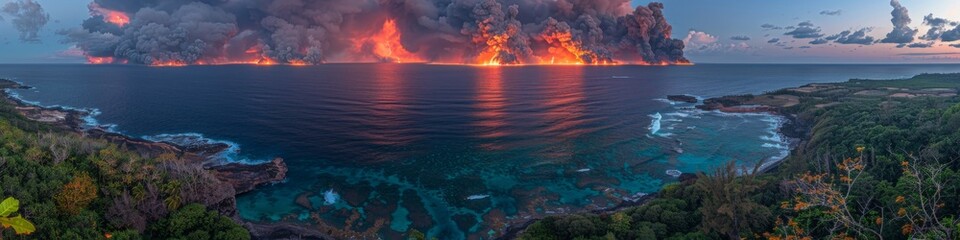 Fototapeta na wymiar Volcanic Eruption by the Sea with Lava Flows and Smoke in a Scenic Panoramic View