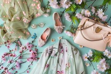 A Chic Easter Parade: Showcasing a Trendy Spring Ensemble with Pastel Highlights and Floral Accents