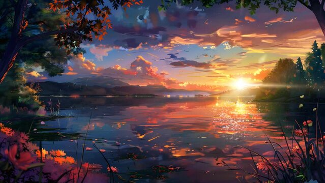 a painting of a sunset over a lake .Seamless Looping 4k Video Animation
