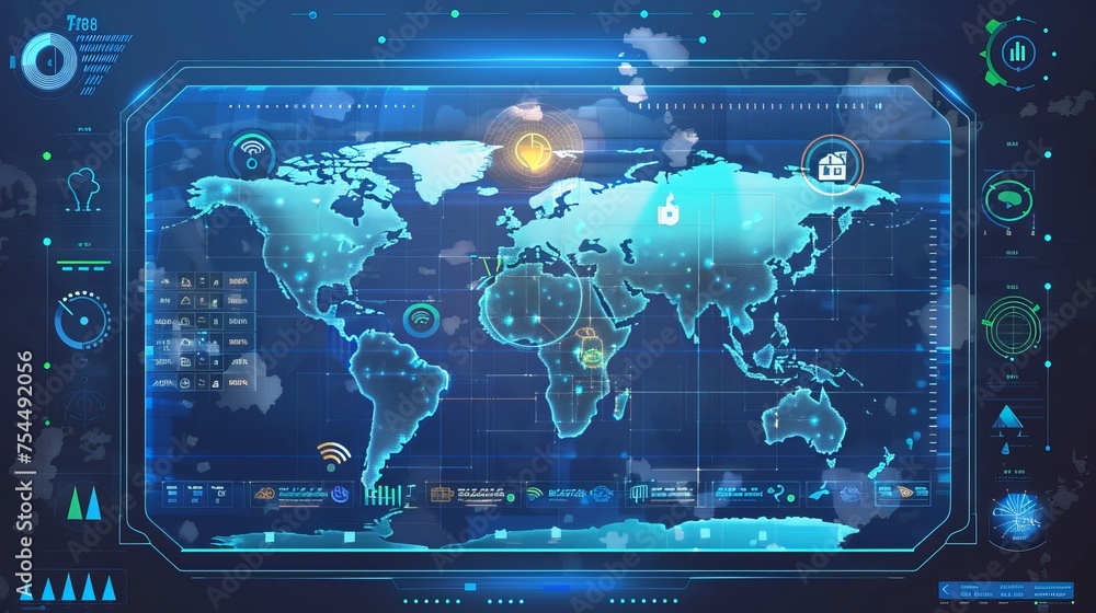 Wall mural world map with an app for weather forecasting. the monitor screen displays weather prediction data. 