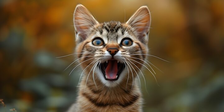Energetic feline exudes joy capturing attention with amusing facial expression. Concept Cats, Joy, Facial Expressions, Attention Capturing, Energetic