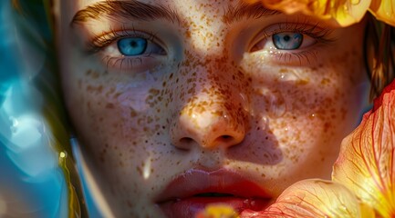 a woman with yellow flowers on her face