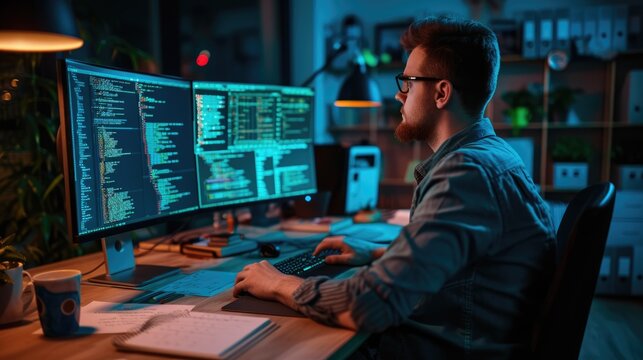A software developer works on code late into the night, illuminated by the glow of multiple computer screens in a modern office. AIG41