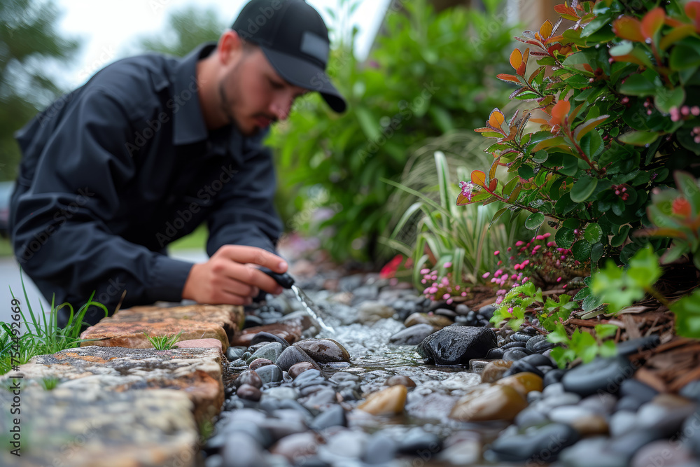 Poster a homeowner checking and repairing the irrigation system to ensure efficient water distribution in t