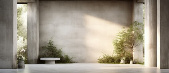 A contemporary concrete interior room featuring columns with a blank banner for presentation purposes.