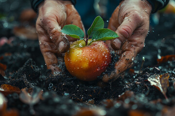 A close-up of hands spreading a layer of organic compost around fruit trees for enhanced nutrition....