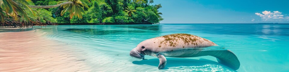 Naklejka premium Manatee in a shallow turquoise coastal area, blending with the pristine sandy beach and lush green tropical surroundings under a bright blue sky, creating a picturesque and tranquil scene