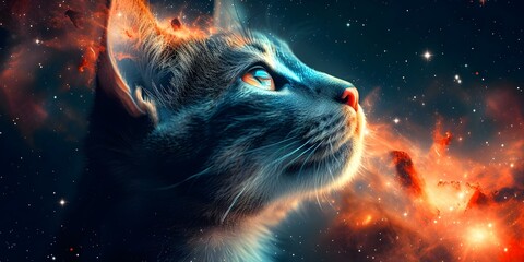 A stunning celestial feline embarks on its inaugural interstellar adventure. Concept Fantasy, Space travel, Cats, Adventure, Celestial beings