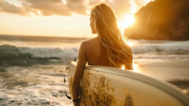 a woman holding a surfboard on a beach at sunset
