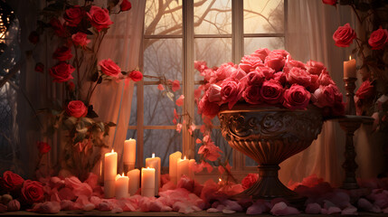 An enchanting and romantic Valentine's Day setting with roses, candles, a serene background, and a love-infused holiday Generative AI