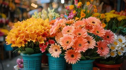 Keuken spatwand met foto Various flowers in flowerpots as houseplants with colorful petals © yuchen