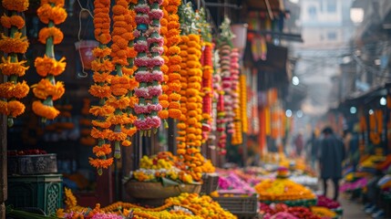 Flowers hanging at market stall, selling natural foods and Buddhist prayer beads