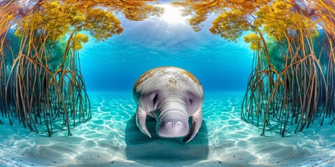 Symmetrical underwater view of a manatee in a vibrant blue environment with sunlight filtering through the water, creating a captivating and serene underwater scene