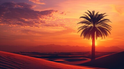 Fototapeta na wymiar A single date palm tree stands tall against a vibrant orange sunset, casting a long shadow on a vast sand dune landscape, symbolizing resilience and faith during Ramadan.