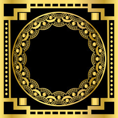 Luxury ethnic round ornament in golden color on a black background with a golden frame. Decorative element. Hand-drawn.Vector illustration.