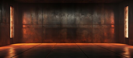 A dark and empty room with rusted metal and concrete surfaces, illuminated by faint lighting. The absence of any occupants creates a somber atmosphere in the space.