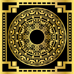 Luxury mandala in gold color on a black background with a golden frame.  Ethnic art design for the cover,  card template, flyer, print.
Vector illustration.
