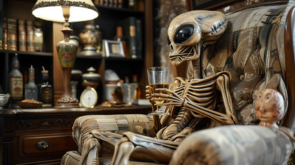 Fototapeta na wymiar alien on chair with drink