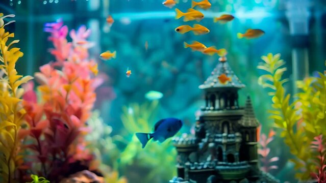 colorful fish in a fishtank with a castle