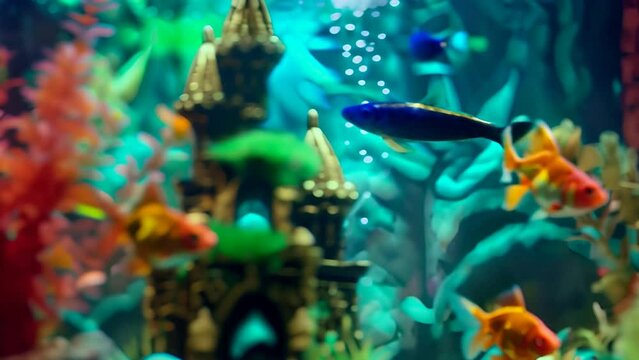 colorful fish in a fishtank with a castle