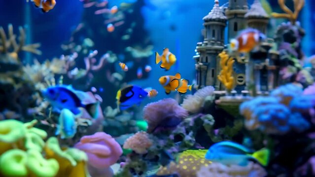 colorful fish in a fishtank with a castle