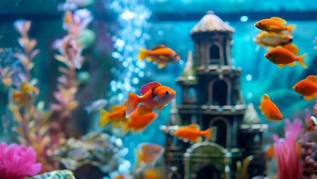 colorful fish in a fishtank with a castle