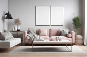 Cozy living room with couch, table, and picture frame. Suitable for interior design concepts, home decor blogs, or lifestyle magazines