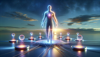 Futuristic figure representing federated learning surrounded by glowing nodes and ethereal shapes in a vibrant sky. - obrazy, fototapety, plakaty