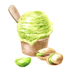 Pistachio ice cream. Hand drawn watercolor illustration, isolated on white background 