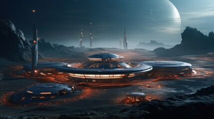 A space base on a barren desert planet against the backdrop of a futuristic landscape and a huge satellite in the sky