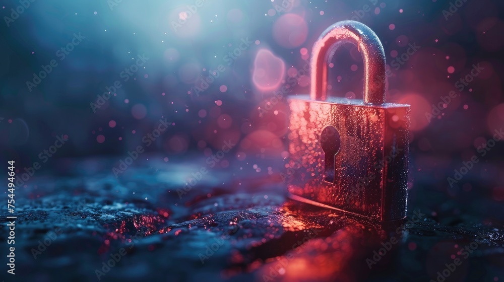 Poster a glowing padlock on a wet surface with cyber code reflections