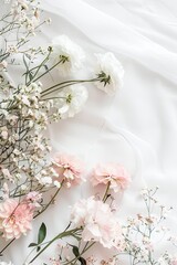 Delicate pink and white flowers on a soft white fabric