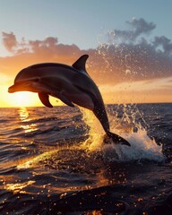 Graceful Dolphin Leaping at Sunset with Splashing Water Captured in Golden Hour Light