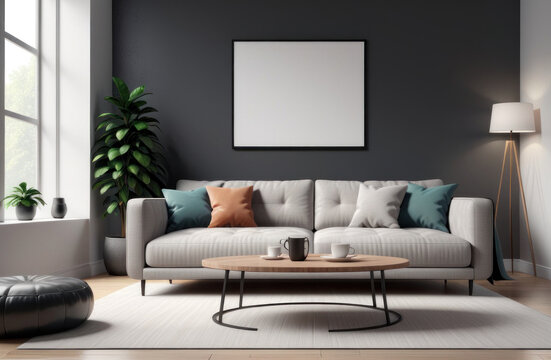 Cozy living room with couch, table, and picture frame. Suitable for interior design concepts, home decor blogs, or lifestyle magazines