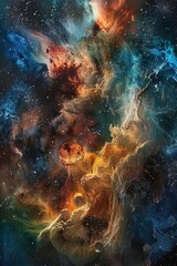  The cosmic background presents a vast expanse of stars, nebulae, and galaxies, evoking a sense of awe and wonder at the mysteries of the universe